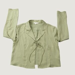 All Row Tie Front Cropped Blouse M Sage Green Satin Lightweight Minimalist